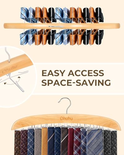 Ohuhu 24-Hook Wooden Tie Rack Organizer for Closet – Space Saving Hanger with 360° Rotating Anti-Slip Clips, Holds 24 Ties Securely Without Wrinkles – Premium Hardwood & Rustproof Steel