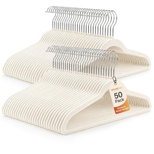 HOUSE DAY Ivory Velvet Hangers 50 Pack - Non Slip Felt Hangers, No Wrinkles | Closet Essentials Premium Space Saving Hanger, Gentle on Clothes, Sturdy Shoulder Design
