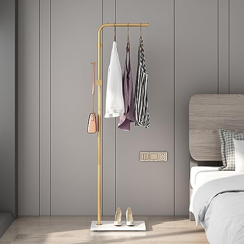 TIEOU Gold Coat Racks, Metal Coat Racks Freestanding with Crossbar and 3 Hooks, Modern Coat Hanger with Marble Base, L Shaped Coat Stand for Entryway, Bedroom, Living Room, Office