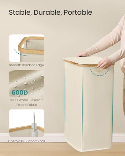 SONGMICS Laundry Hamper, Laundry Basket with Lid, Foldable Storage Basket, Bamboo Frame, for Bedroom, Living Room, Oxford Fabric, 26.4 Gal. (100 L), Cream White ULCB518WD01