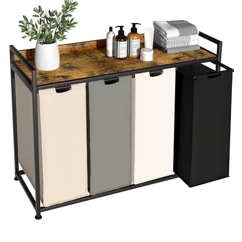 Laundry Hamper with Shelf, Laundry Basket 4 Section, Laundry Sorter with Pull-Out Removable Large 4 Color Bags and Movable Wheels, Metal Frame, 4 x 15.87 Gallons (60L), Rustic Brown PF07XLN