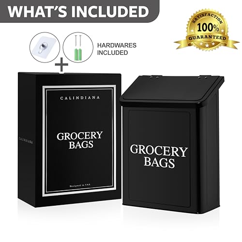 Calindiana Modern Farmhouse Metal Magnetic Grocery Bags Holder for Plastic Bags with LId and Kitchen Organizer and Storage Wall Mount Grocery Bag Dispenser Space Saving, Black