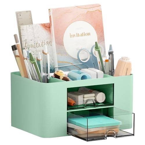 Pen Organizer with 2 Drawer, Multi-Functional Penc... (Green | Plastic)
