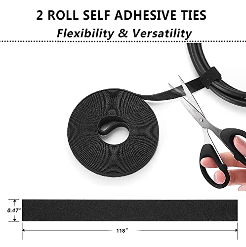 Cord Management Organizer Kit 4 Cable Sleeve split 192PCS Cable Management | 41Self Adhesive Cable Clips Holder, 10pcs and 2 Roll Self Adhesive tie ,100 Fastening Cable Ties, for TV Office Car Desk Home