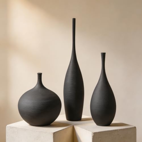 Black Ceramic Vases Set of 3, Modern Boho Vases fo... (Black | Ceramic)