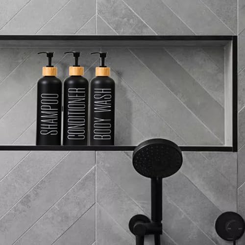 16oz 3-Pack Refillable Black Bathroom Shower Set - Empty Bottles with Pump for Shampoo, Conditioner, or Body Wash