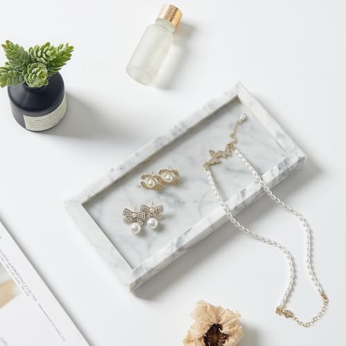 Natural Small Marble Vanity Tray, Stone Organizer for Bathroom & Kitchen | Real stone tray, unique veining. Non-resin, non-ceramic. Holds soap, jewelry, perfume. Non-slip felt. Polished.