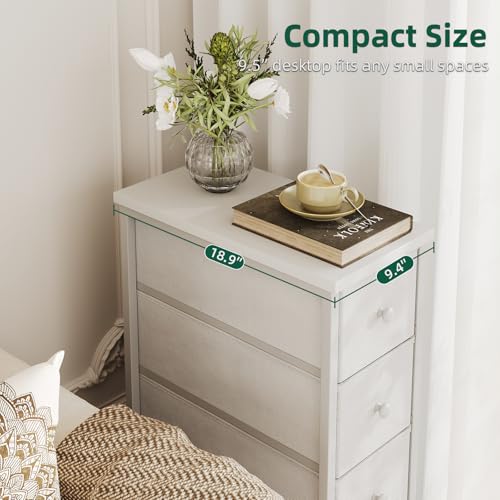 Narrow Dresser, 19" Wide Narrow Nightstand Dresser Storage Tower with 5 Drawers, Slim Fabric Dressers Chest of Drawers for Small Spaces, Wood Top & Fabric Bins for Bedroom Bathroom Closet (White)