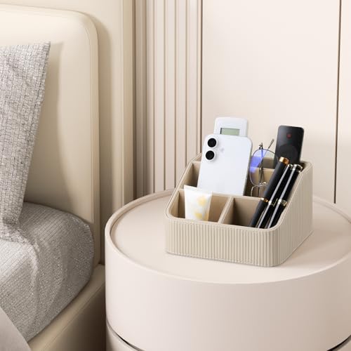 Small Remote Control Holder Bedside Nightstand Organizer Desk Caddy | 4 Compartments, Soft Velvet Lining, Decorative Modern Design, Aesthetic Stripes, Waterproof And Stain-Resistant