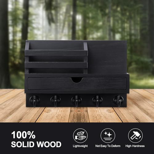 Key Holder Wall Mount, Mail Holder with Storage Drawer and 5 Key Hooks for Coat, Dog Leash, Home Decor Rack, House Accessories, Entry Way Organizer