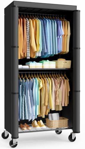 Sakugi Clothes Rack with Cover, Wardrobe Closet, 35.4" x17.7" x79.7", Iron | Bedroom, Dorm, Apartment, Open Front, Heavy Duty, Lockable Wheels, Rust-Resistant, Black