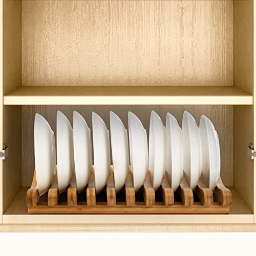 Bamboo Dish Drying Rack, 10 Slots Bamboo Cabinet Plate Stand Dish Drainer Wooden Plate Rack Pot Lid Holder Kitchen Dish Plate Storage Organizer for Countertop Cabinet