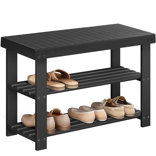 Shoe Rack Bench, 3-Tier Bamboo Shoe Storage Organi... (Ink Black | Bamboo)