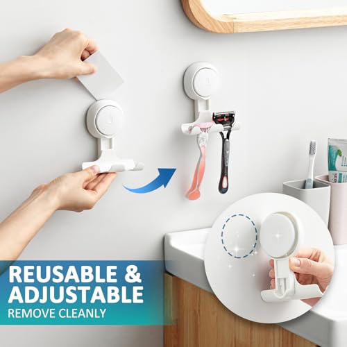 TAILI Suction Cup Razor Holder in Shower 2 Pack, Towel, Loofah, Shaver Holder for Bathroom Wall, Powerful Suction Cup Shower Hooks, Easy to Install and Reuse, White