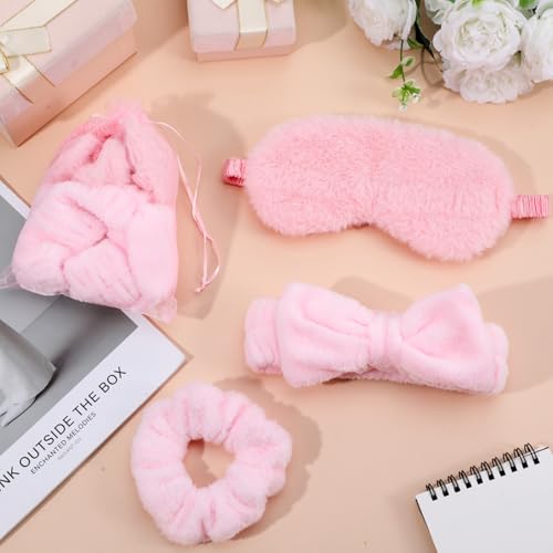 48 Pcs Spa Party Supplies Bulk, 12 Spa Headband 12 Plush Sleep Eye Mask 12 Velvet Scrunchies 12 Organza Bags Disposable for Bachelorette Sleepover Slumber Party Favors Christmas Favors Gift(Pink)