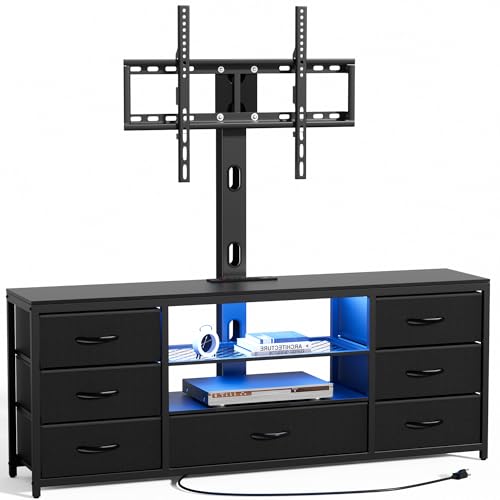 JUSTOGO TV Stand with Mount, Entertainment Center for 55 60 65 70 inch TVs | TV Console with Power Outlets & Led Lights, 7 Fabric Drawers, For Living Room, Bedroom, Black Dresser with Open Storage