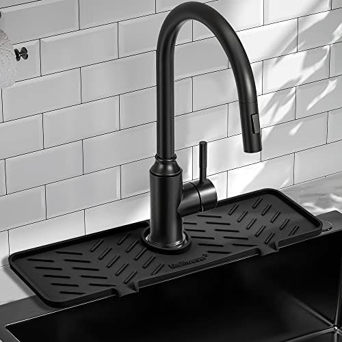Silicone Faucet Mat for Kitchen Sink – Gen 2 Splash Guard with Upgraded Outlet & Slope – 18” x 5.1” Water Catcher & Sink Sponge Holder for Kitchen and Bathroom (Black)
