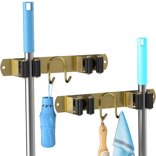 Broom Holder Wall Mount, 2-Pack Stainless Steel Mo... (Gold-2 Pack | Stainless Steel)