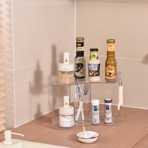 2-Tier Corner Bathroom Organizer Countertop with Hooks, for Makeup/Skincare | Bathroom Sink Corner Vanity Storage for Makeup, Skincare and Perfume (White Silver)