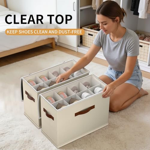 2 Pack Shoe storage Organizer for closet with wheels,No Assemble Required Shoe boxes with premium waterproof material,Adjustable Dividers Fits 16 Pairs,shoe Storage Bins with Reinforced Handle