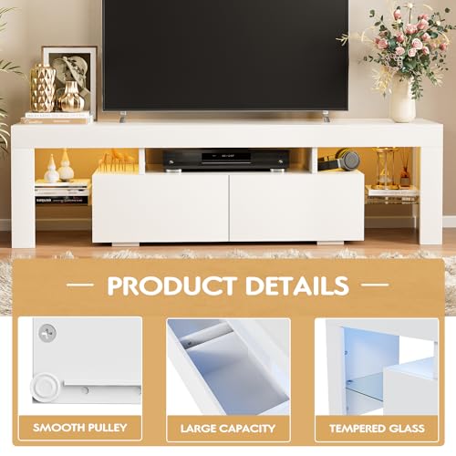 JUMMICO TV Stand with LED Lights, Modern Entertainment Center Media and Open Shelf Console Table Storage Desk with 1 Drawer and Remote Control 20 Color LED Lights up to 70 Inch TV (White)