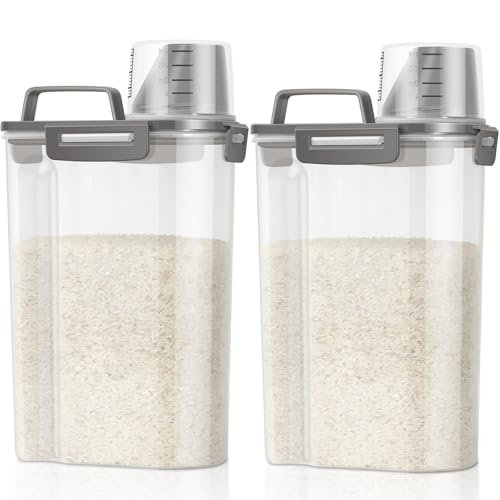 TBMax Rice Container Cereal Storage Container 2 Pack 5 Lbs, Kitchen Pantry Dry Food Storage Holder with Easy-Pouring Spout & Handy Cup, Small Pet Dog Cat Food Dispenser for Daily Feeding -Grey