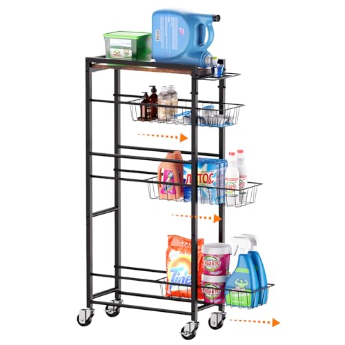 4 Tier Slim Rolling Storage Cart with Pull-Out Baskets, Narrow Sliding Storage Slim Laundry Rolling Cart Between Washer and Dryer