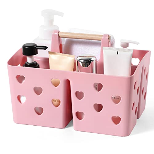 Portable Shower Caddy Plastic Shower Basket Organizer with Handle, Pink | Divided Bathroom Caddy Storage Cleanning Caddy Tote for College, Dorm Room, Kitchen
