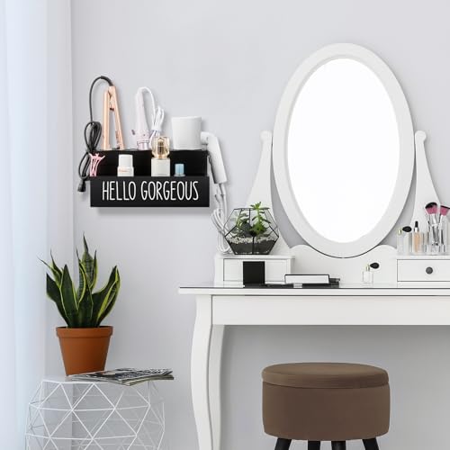 Hair Tool Organizer, Wooden Hair Dryer Holder Countertop, Wall Mount Hot Tools Organizer for Hair Styling Accessories, Bathroom Supplies Vanity Caddy for Curling Wand, Blow Dryer, Black