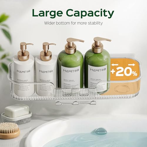 HAMITOR Adhesive Shower Caddy for Bathroom:5 Pack Clear Bath Shelves No Drilling for Modern Renters & Home Decor - Rustproof Acrylic Shower Organizer for Bathroom Storage