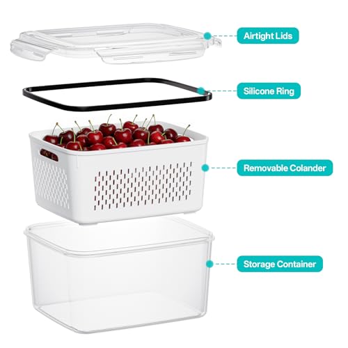 HOMETALL 4 Pack Fruit Storage Containers for Fridge Set, Produce Containers | for Fridge with Strainer, Plastic Reusable Fridge Organizers and Storage for Berry Salad Lettuce, Size 3.4, 1.8, 0.9, 0.4QT