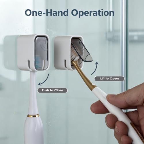 2PCS Toothbrush Holder Wall Mounted for Bathroom with Cover for Shower - with Toothpaste Clip - Single Slot Toothbrush Dispenser Storage Organizer for Travel with Detachable Design
