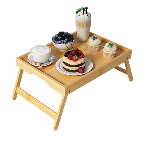 Youpehom Bamboo Bed Tray Table with Folding Legs, Medium, Bamboo | Bamboo bed tray with folding legs, handles and raised edges for meals, laptops, reading and serving in bed or on a sofa.