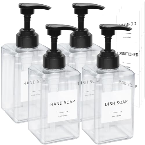 Clear Soap Dispenser with Waterproof Labels, Thickened Plastic Hand Soap Dispenser for Bathroom, Kitchen Dish Washing Liquid Bottles, Shampoo and Conditioner Bottles with Funnel (15oz 4Pack Clear)