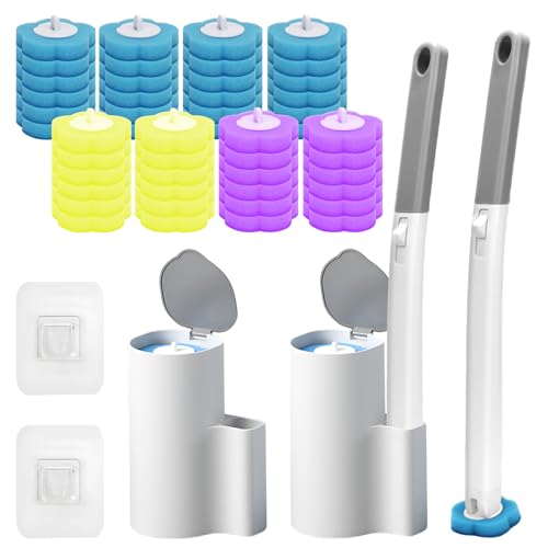 2 Pack Disposable Toilet Brush and Holder Set, Disposable Toilet Cleaning System Extended Handle with 48 Toilet Wand Refills, Toilet Brush for Toilet Bowl Cleaners, Bathroom Cleaning, Bathtub