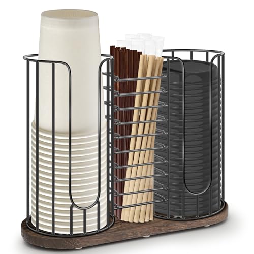3-Compartment 18oz Coffee Cup Dispenser Rack with Wood Base, Disposable Cup, and Lid Organizer for Countertop - Perfect for Paper Cups, Straws, and Kitchen Cabinet Storage