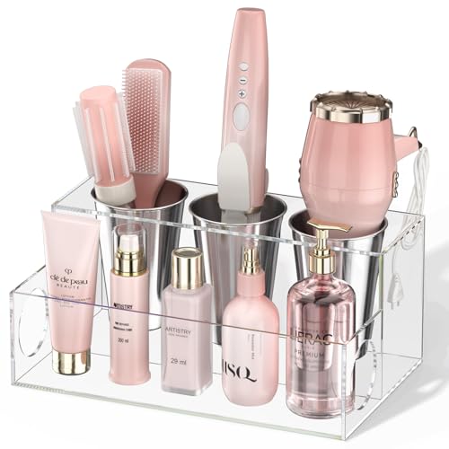 NIUBEE Acrylic Hair Tool Organizer,Hair Dryer Holder Countertop with 3 Cups | Clear, Hot Tools Organizer, Hair Blow Dryer Organizer for Curling Iron, Brush, Straightener, Makeup,Skincare,Vanity, Bathroom