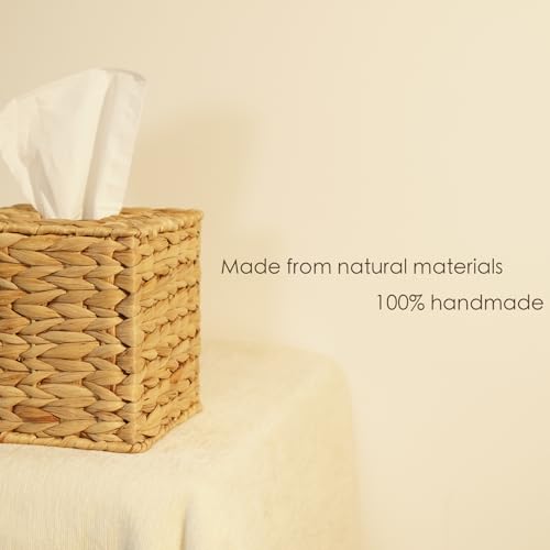 Water Hyacinth Handwoven Tissue Box Cover, Natural Handmade Wicker Napkin Box Holder, Handcrafted Square Facial Tissue, Rustic Decorative on Table and Bathroom, Office, Boho Decorative