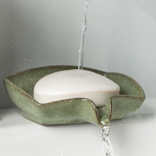 Self Draining Soap Dish, Ceramic Bar Soap Holder w... (Green | Ceramic)