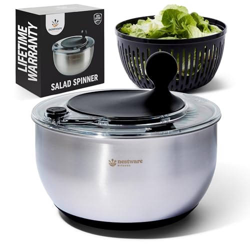 Stainless Steel Salad Spinner Large, 5.3 Qt - Lettuce, Vegetable & Fruit Washer & Dryer with Quick-Stop Brake Button, Colander Basket & Non-Slip Base (304 Stainless Steel - Black)