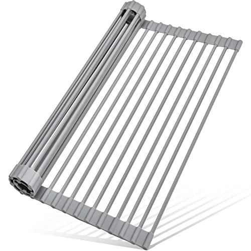 Roll Up Dish Drying Rack, Over The Sink Dish Rack Foldable, Heat-Resistant, Anti-Slip Silicone Coated Steel Dish Drainer for Kitchen Sink, Multipurpose Roll Up Sink Drying Rack, 17.5" x 13"