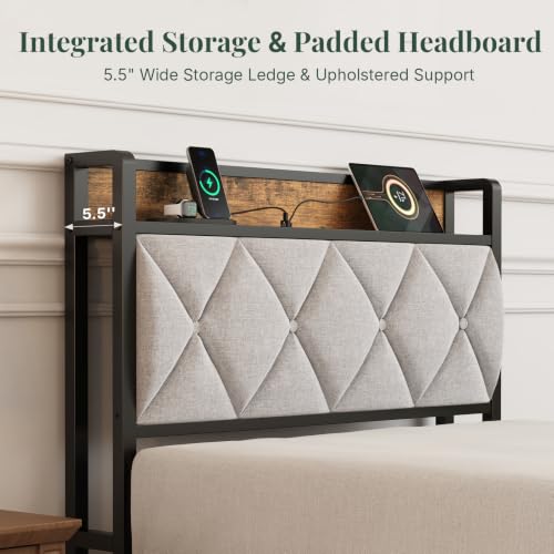 Twin Bed Frame, Headboard with Charging Plug | Upholstered Storage Design With Use, Solid Metal Construction, Noise-Free, No Box Spring Needed, Easy Assembly, Antique Wood