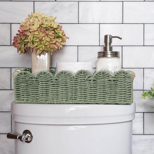 CubesLand Scalloped Toilet Paper Storage Basket W/Handle for Home Decor | Paper Rope Toilet Organizer Basket for Countertop, Over Toilet Shelf, End Table, Living Room Cozy Decorative & More, Green