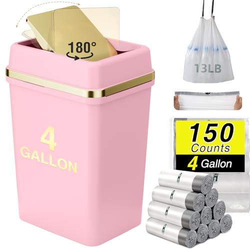 Pink Bathroom Trash Can with Lid 4 Gallon Trash Can Bedroom Trash Can Small Garbage Can with 150 Counts Trash Bags for Small Bathroom Bedroom Office