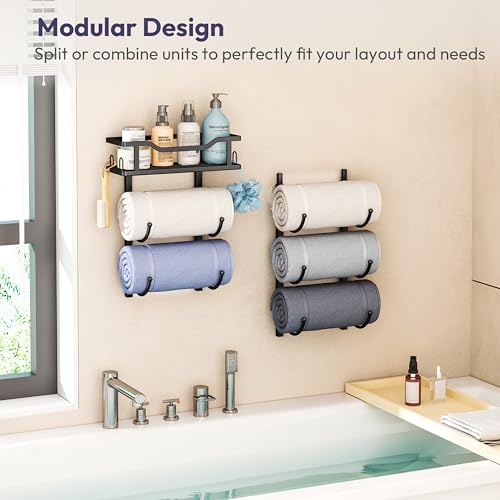Over the Door Towel Rack - 6 Tier Towel Racks for Bathroom Wall Mounted, Towel Holder with Shelf, Hanging Rolled Towel Storage Organizer for Small Bathroom, Camper, RV, Black