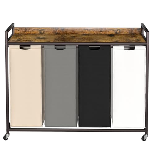 Laundry Hamper with Shelf, Laundry Basket 4 Section, Laundry Sorter with Pull-Out Removable Large 4 Color Bags and Movable Wheels, Metal Frame, 4 x 15.87 Gallons (60L), Rustic Brown PF07XLN