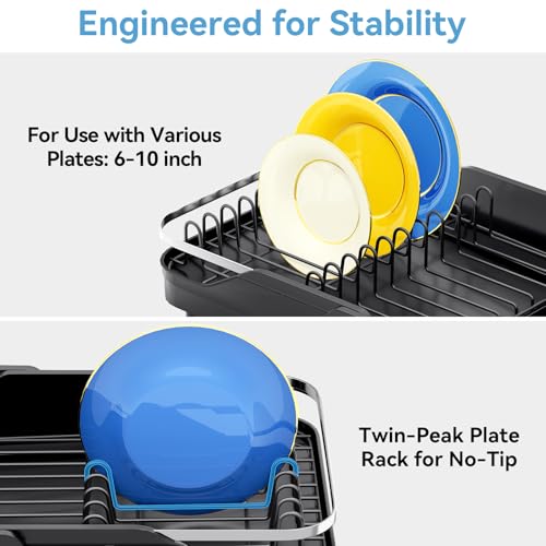 Urackify Expandable Dish Drying Rack for Kitchen Counter,16.2-23.7in,Black | Adjustable Capacity, Countertop-Stay-Dry Drainboard, Heavy-Duty Steel, Stable Plate Rack, Spave Saving for Apartment,RV,Dorms