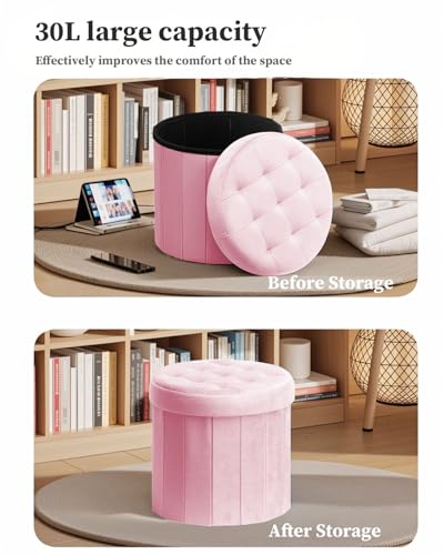 Bsketa Round Storage Ottoman, 14" Folding Velvet Foot Stool Rest,Pink | Foot Stool with Thicker Foam Padded Seat Small Velvet,Livingroom, Dorm, Bedroom, Easy to install,14 x 14 x 13in