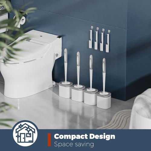 Toilet Brush and Holder Set, Space Saving, 4 Pack, White | Bathroom Accessories, Ergonomic Silicone Handle, Dense Bristles, Deep Cleaning, with 4 Crevice Brushes, Compact Design