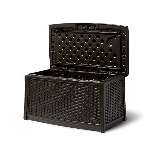Suncast 30 Gallon Resin Outdoor Patio End Table Storage Box, Java, Made in the USA